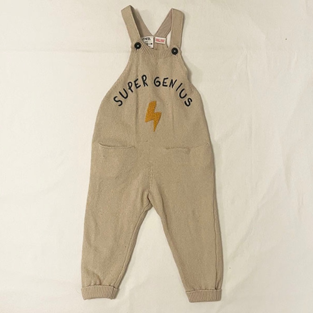 NWOT - Zara Knit Overalls "Super Genius" with Lightening bolt - Size 12-18mo